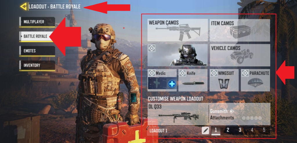Selección de personaje y loadout Battle Royale en Call of Duty Mobile