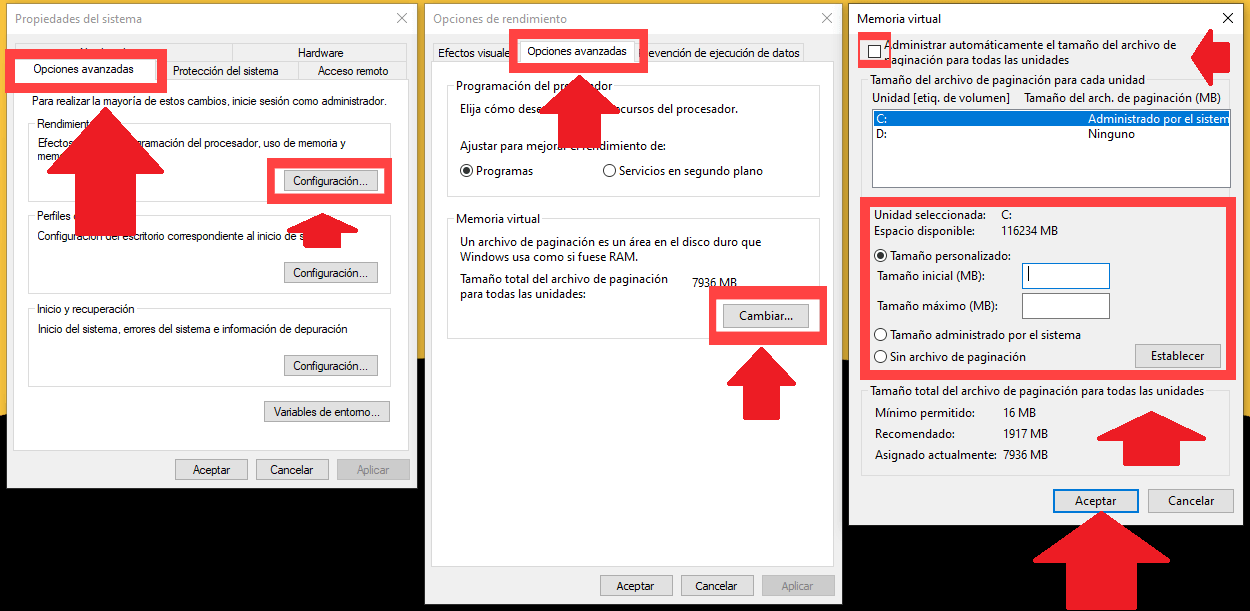 Métodos para aumentar la memoria virtual en Windows 10